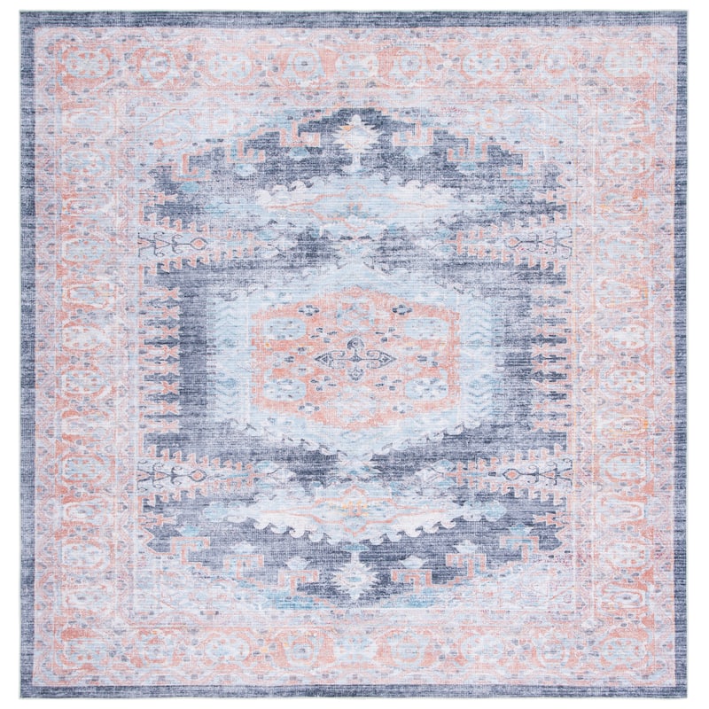 SAFAVIEH Serapi Machine Washable Viney Shabby Chic Distressed Rug - 6'7" Square - Terracotta/Blue