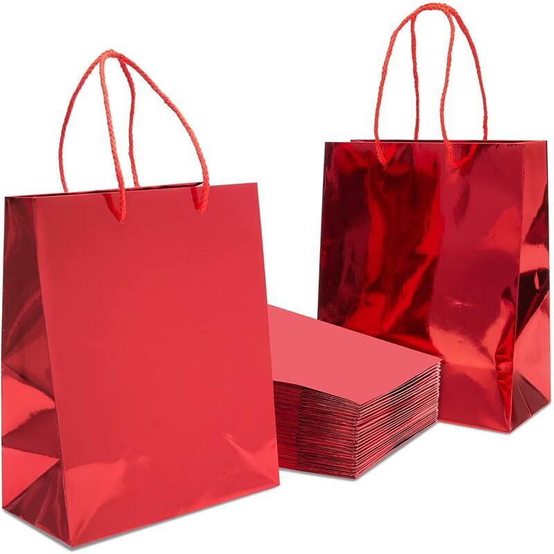 Sparkle and Bash 24 Red Metallic Medium Gift Bags with Handles for Weddings, Birthdays