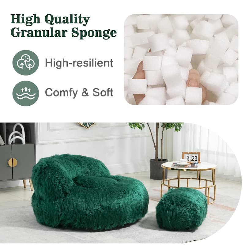 Plush Upholstered Round Comfort Lounger Bean Bag Chair with Ottoman