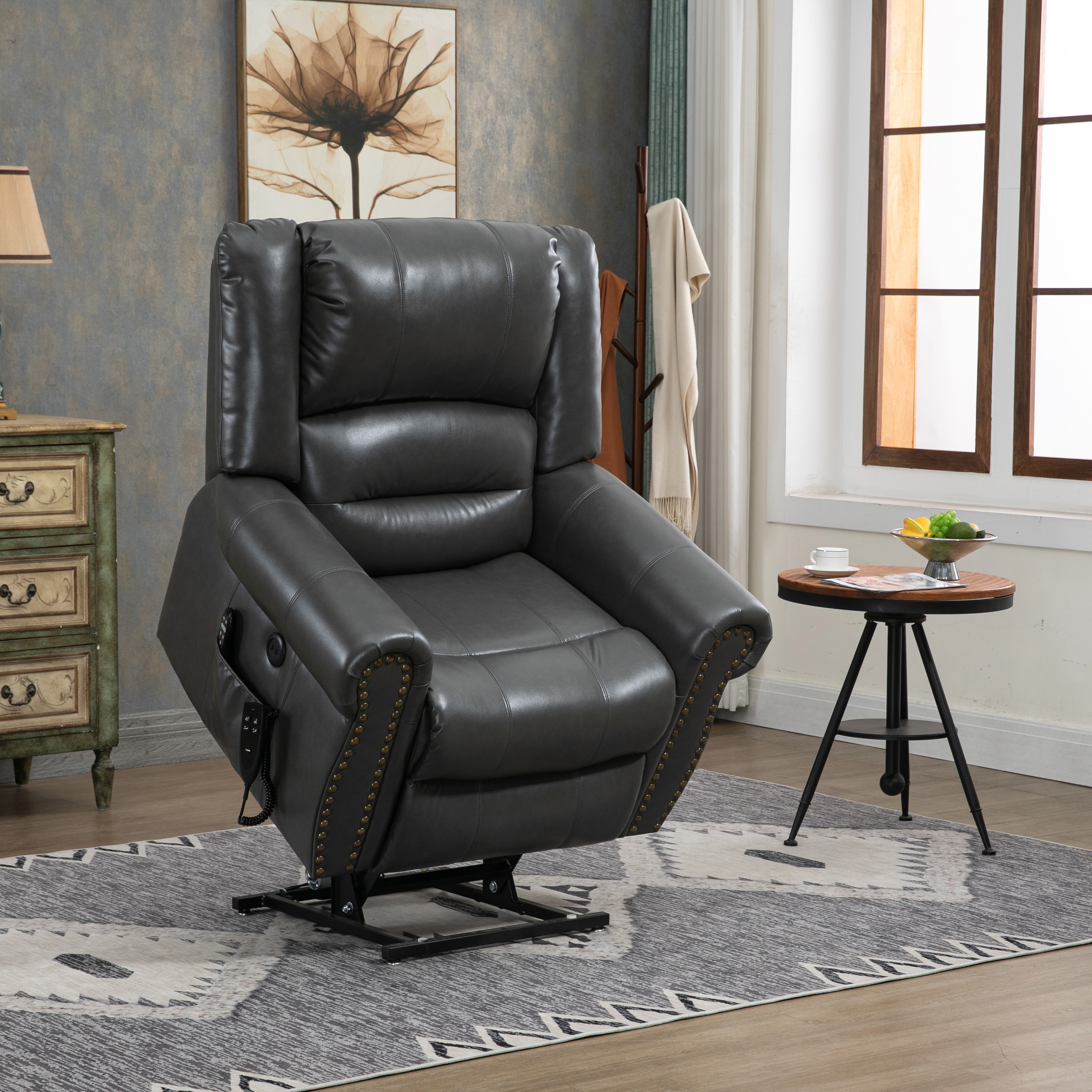 Grey Faux Leather Power Lift Recliner Chair Dual Motor Massage
