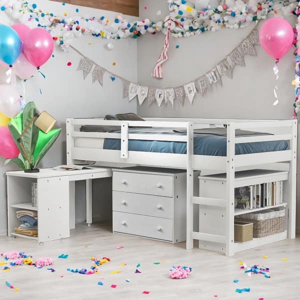 slide 2 of 50, Twin Size Loft Bed With Cabinet,Shelves And Rolling Portable Desk White