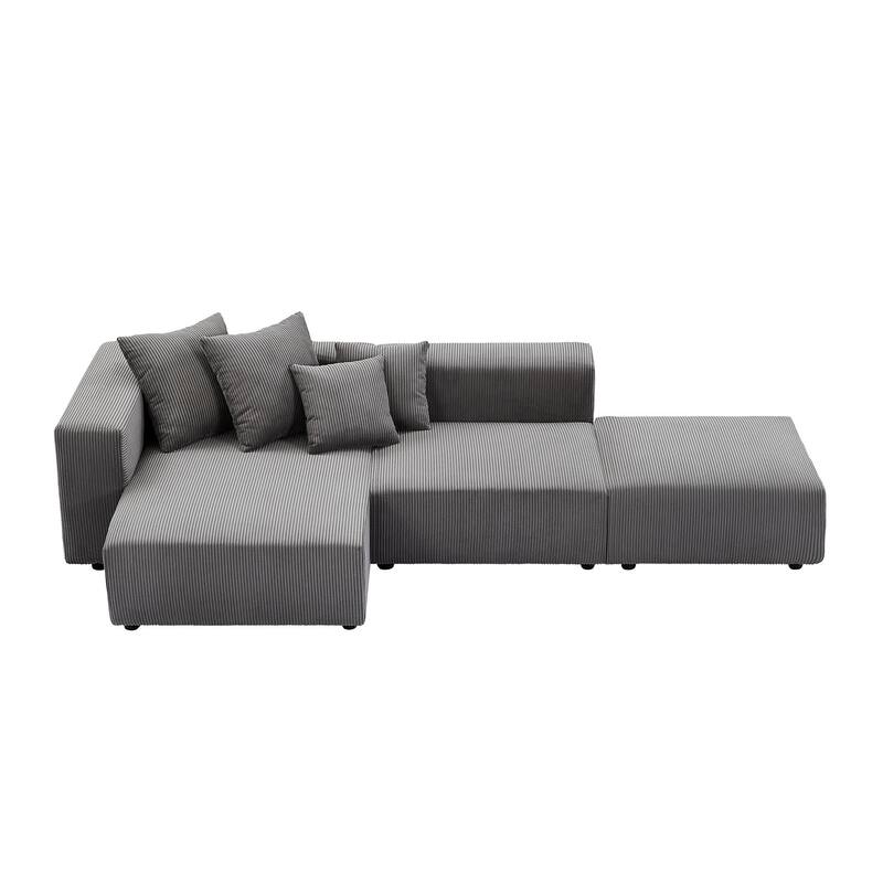 Modular Soft Corduroy Sectional Sofa Set with 4 Pillows, Living Room L-Shape Chaise Sofa Set with Armless Chair and Ottoman