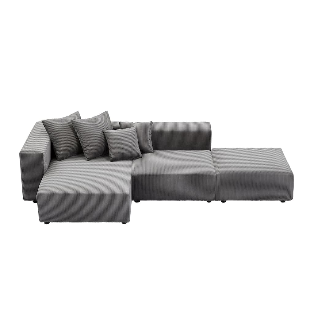 Soft Corduroy Modular L-Shaped Sofa Set, Gray, for Small Spaces