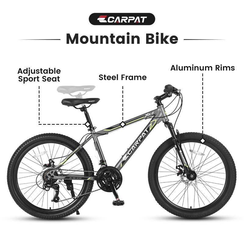 24 Inch Mountain Bike with 21 Speed Dual Disc Brakes, Steel Frame, Suspension Fork for Trail and Urban Riding