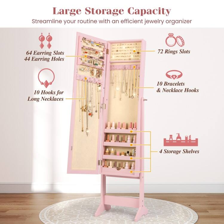 Mirrored Standing Jewelry Cabinet Storage Box - 13" x 14.5" x 56" (L x W x H)