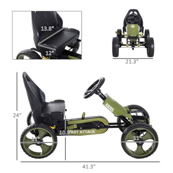 Adjustable Kids Pedal Go-Kart with Handbrake, Safe Tires & Smooth Steering - Green