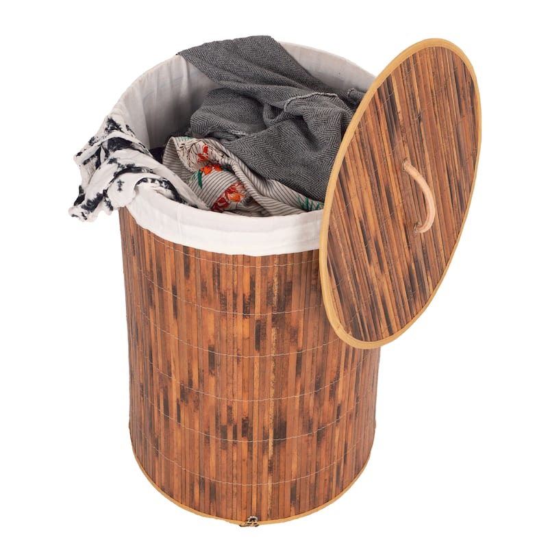 Foldable Laundry Hamper with Lid and Handles for Easy Carrying - Bamboo Round