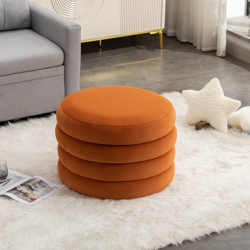 Velvet Fabric Storage Round Ottoman Footstool With Wooden Shelving