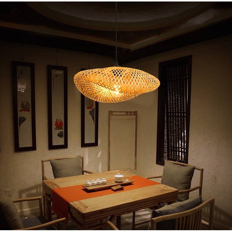 Adjustable Handmade Woven Bamboo Contemporary Farmhouse Rustic Celling Hanging Pendent Lamp Rattan Chandelier for Living Room