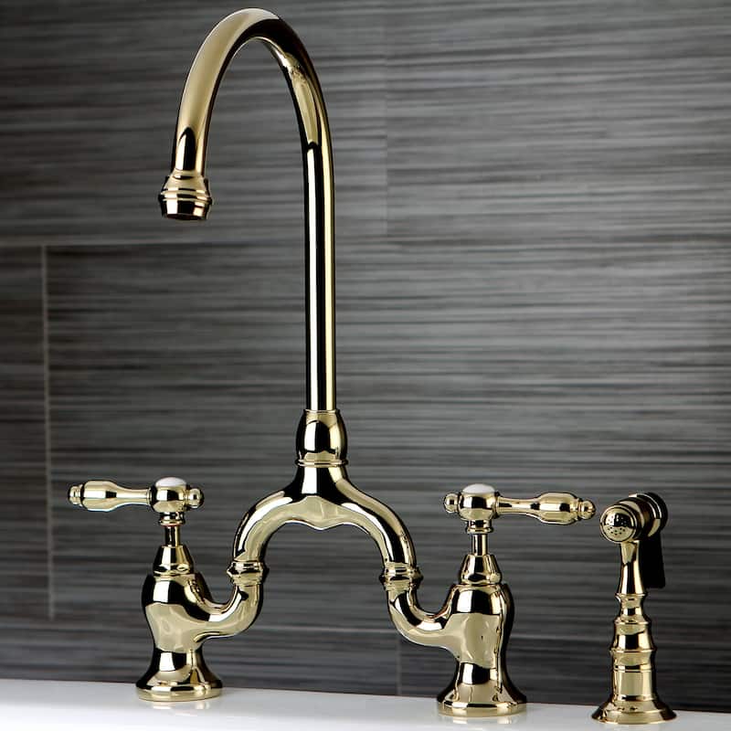 Kingston Brass Tudor Bridge Kitchen Faucet with Brass Sprayer - Polished Brass