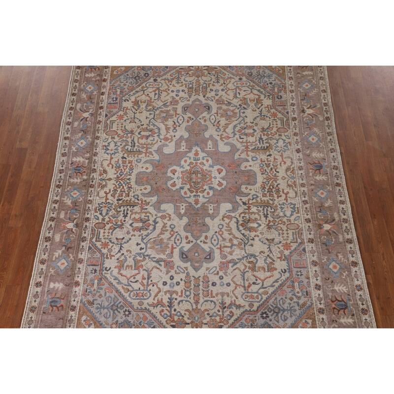 Distressed Tabriz Persian Antique Area Rug Handmade Wool Carpet - 6'7" x 9'4"