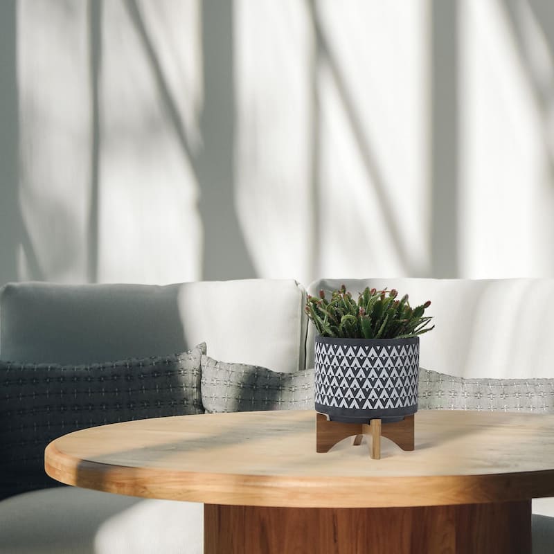 8-inch Ceramic Planter on Wooden Stand