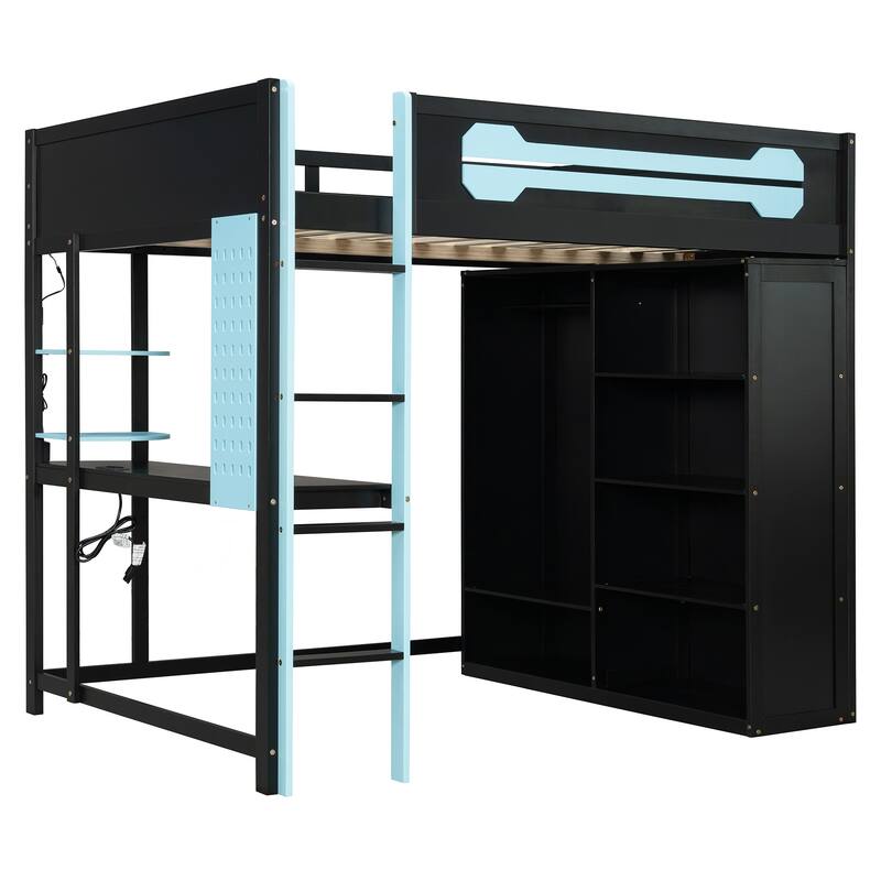 Full Size Gaming Loft Bed with Desk & Wardrobe, Wooden Storage Bed with RGB LED Lighting, Charging Station