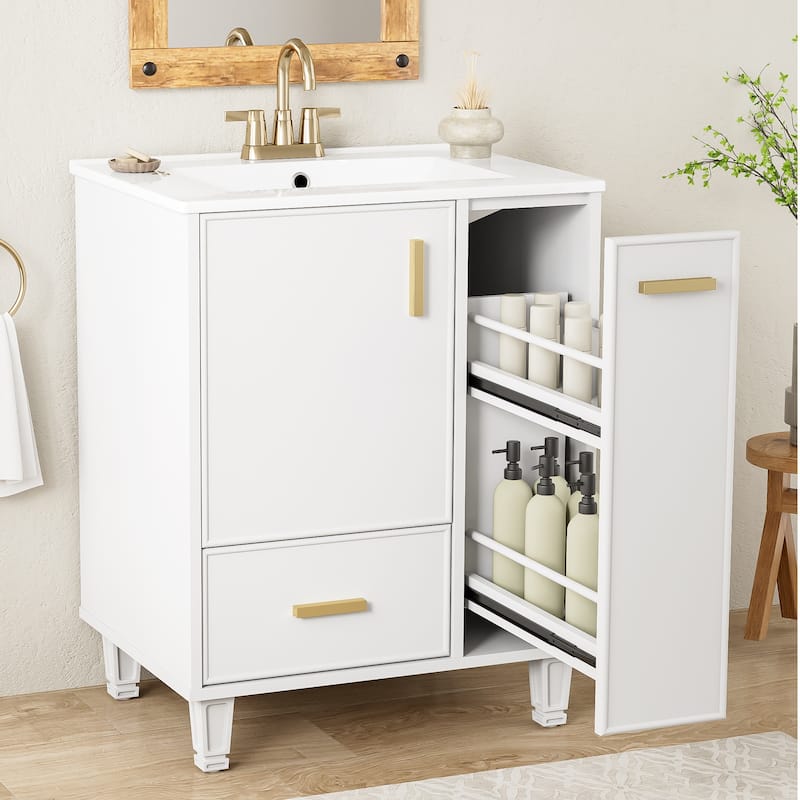 24"Bathroom Vanity with Sink, Bathroom Cabinet with Door Shelf, Deep Drawer, 2-Tier Pull-Out Basket, Solid Wood and MDF Board - White