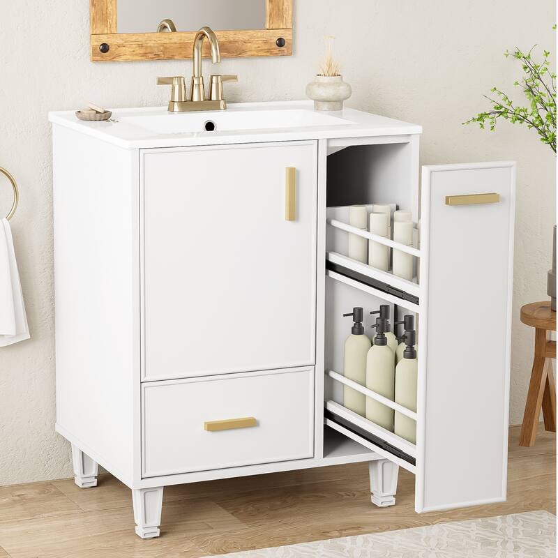 Bathroom Vanity with Ceramic Sink, Freestanding Bathroom Cabinets with Door Shelf, Deep Drawer & 2-Tier Pull-Out Baskets - White