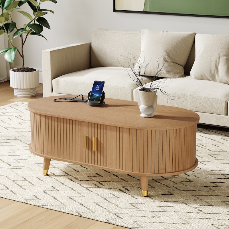 Roomfitters Mid-Century Coffee Table, Wooden Oval Fluted Center Table with Charging Station and Sliding Tambour Doors, Natural