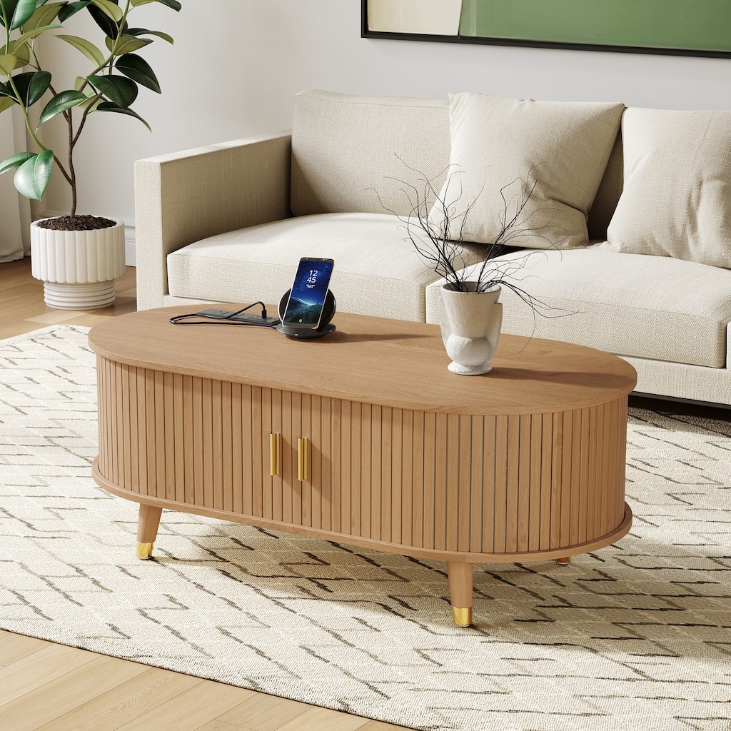 Roomfitters Mid-Century Coffee Table, Wooden Oval Fluted Center Table with Charging Station and Sliding Tambour Doors, Natural