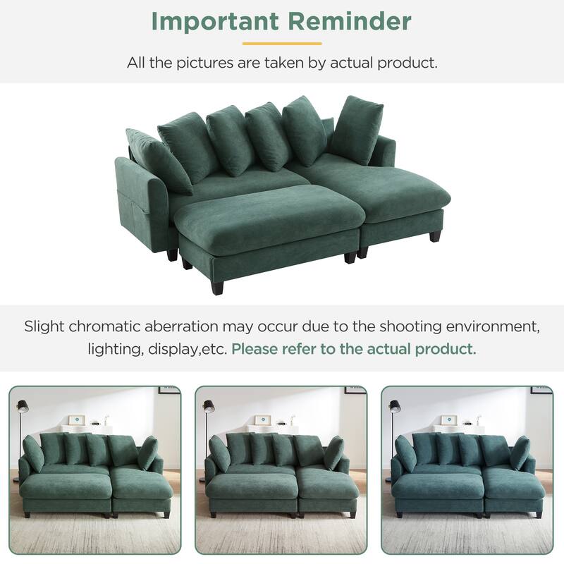 83" L-shaped Sofa with Storage, Ottoman, 6 Pillows, Green Chenille