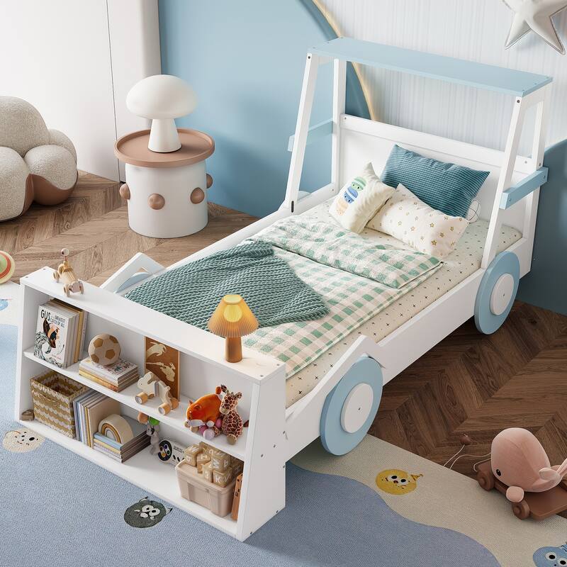 Low Platform Bed for Kids Car-shaped Bed Frame with Front Storage Shelves, Headboards and Wheels, No Box Spring Needed