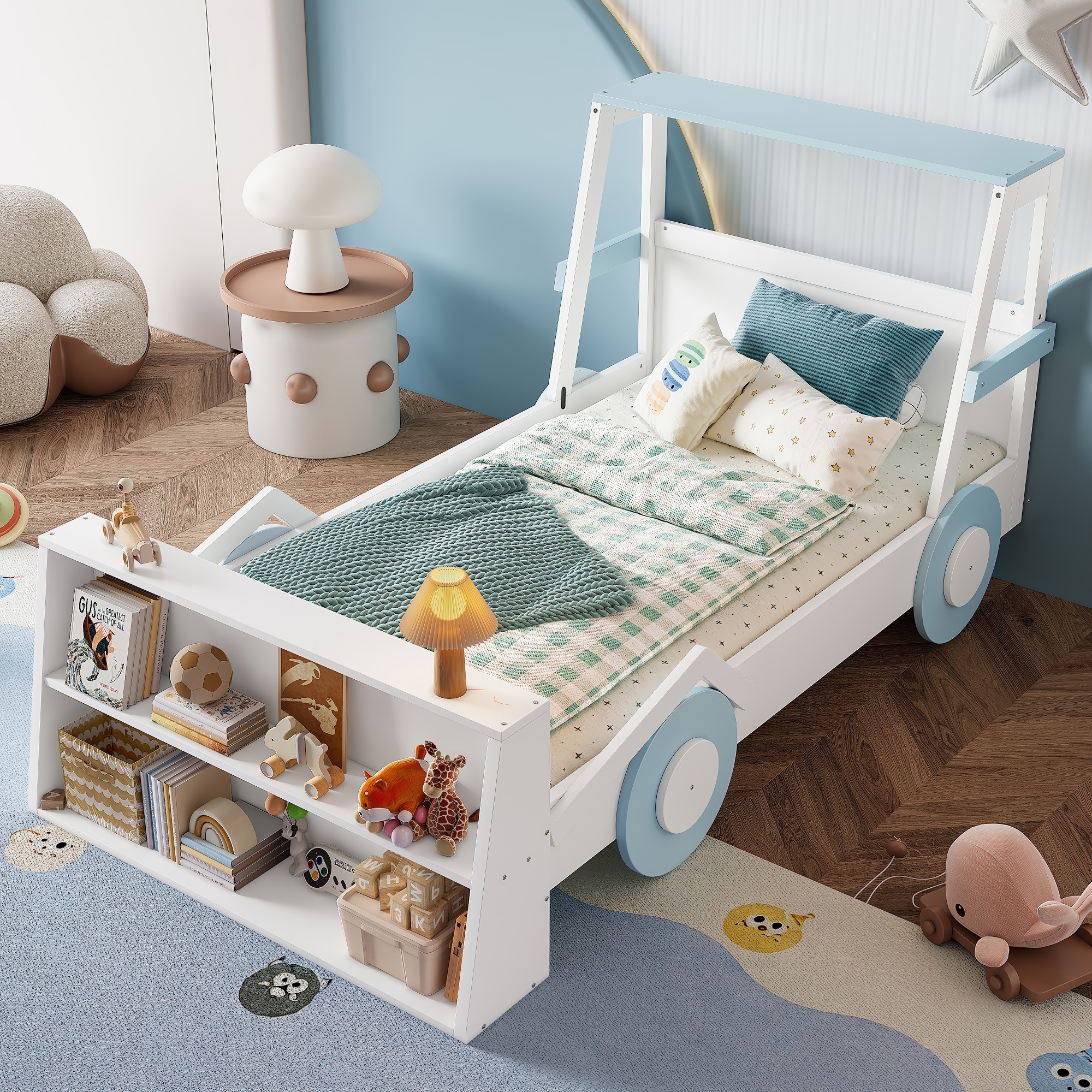 Twin Size Car Bed with Storage Shelves, Kids Platform Bed with Cute Car-shape, Childlike Design, Blue & White