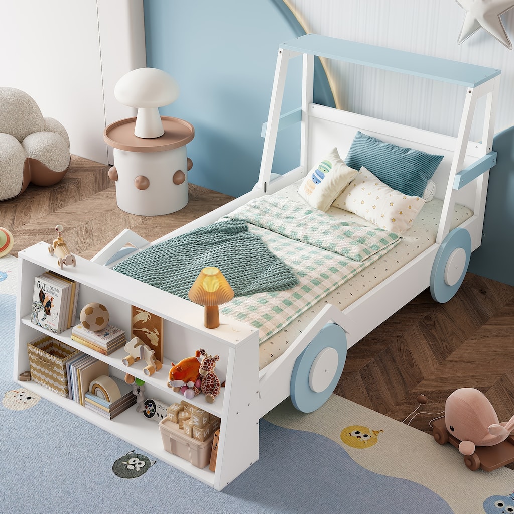 Twin Size Car Bed with Storage Shelves, Kids Platform Bed with Cute Car-shape, Childlike Design, Blue White