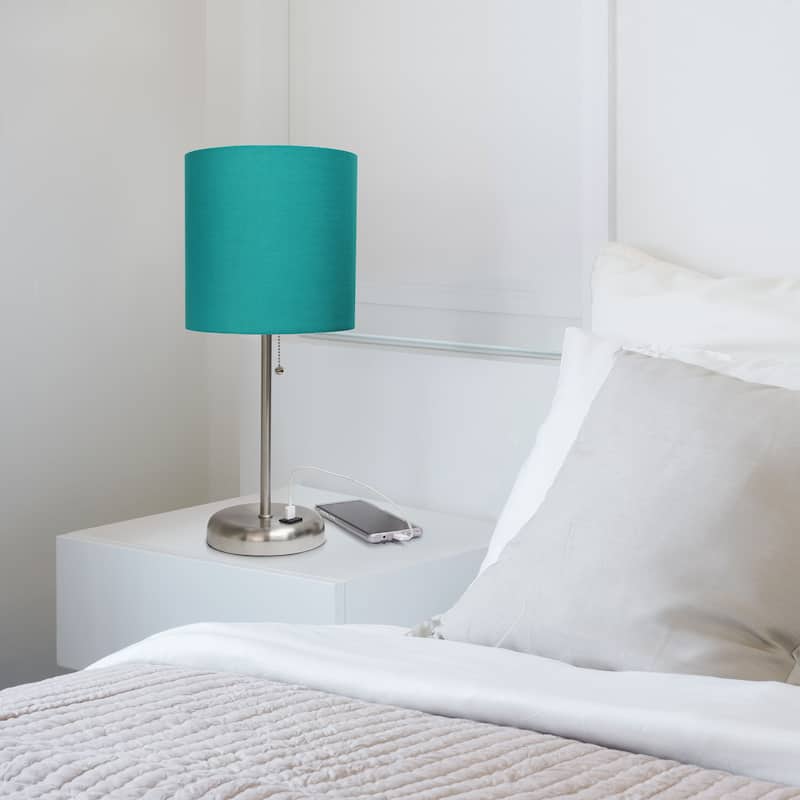 White Stick Lamp with USB charging port and Fabric Shade