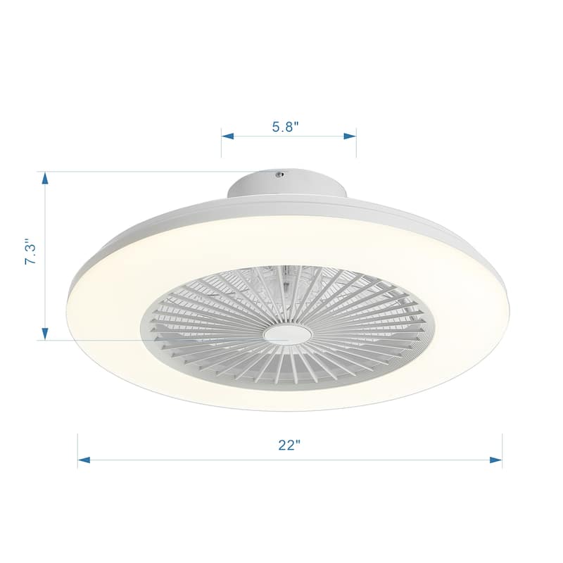 22" White Enclosed Low Profile Caged Smart LED Ceiling Fan Works with Alexa/Google/APP
