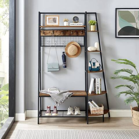 Entryway Coat Rack with Bookshelves Multiple Hooks and Bench Seat - 48.6*17.1*71.7