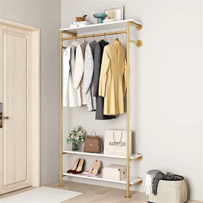 Industrial Pipe Clothing Racks with White Shelves - 9.8"D x 39.3"W x 80.8"H