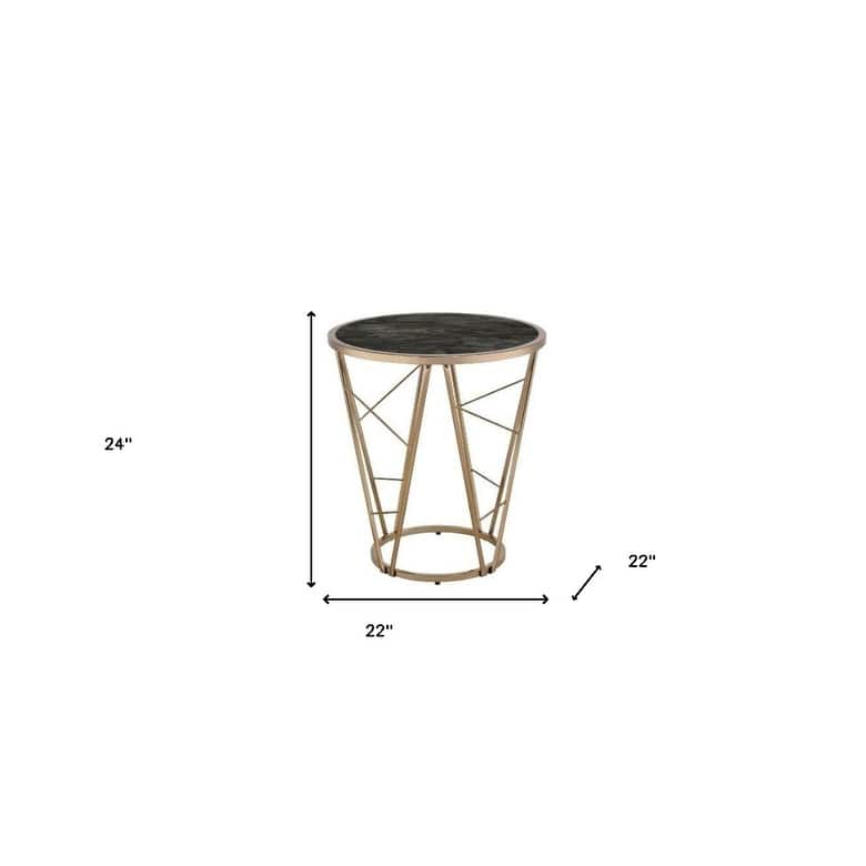 HomeRoots 24" Champagne And Black Faux Marble Glass And Metal Round End Table - 22' X '24' X '22