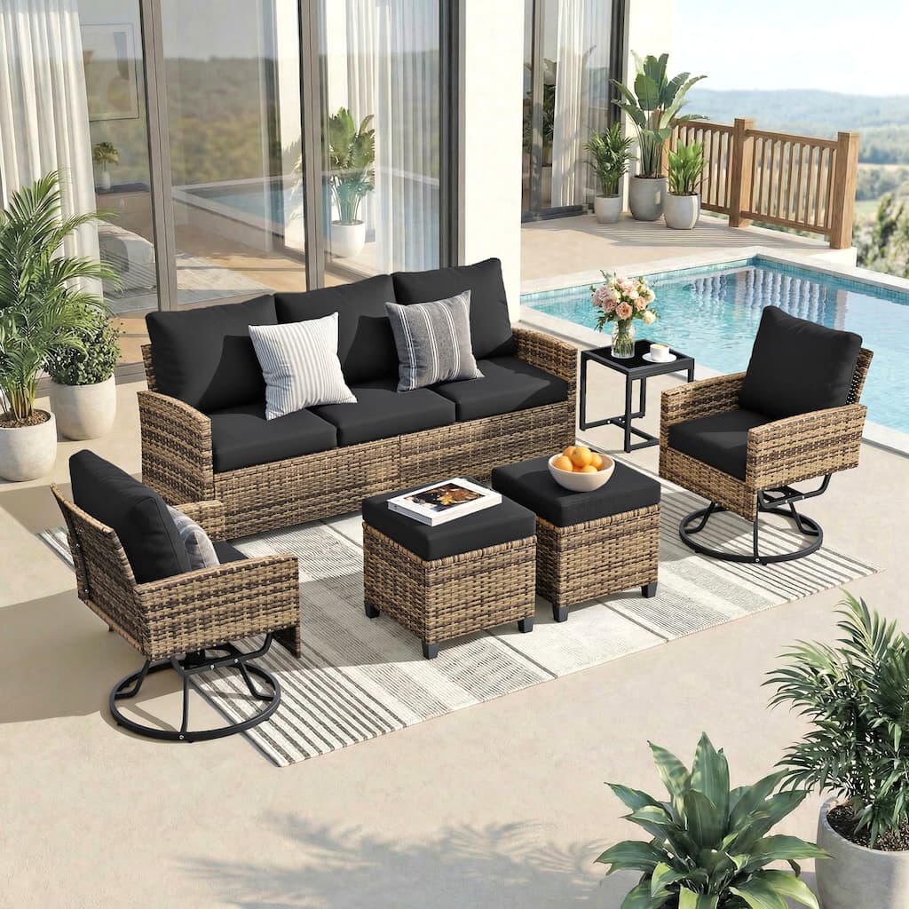 6-Piece Wicker Patio Conversation Set with Swivel Chairs