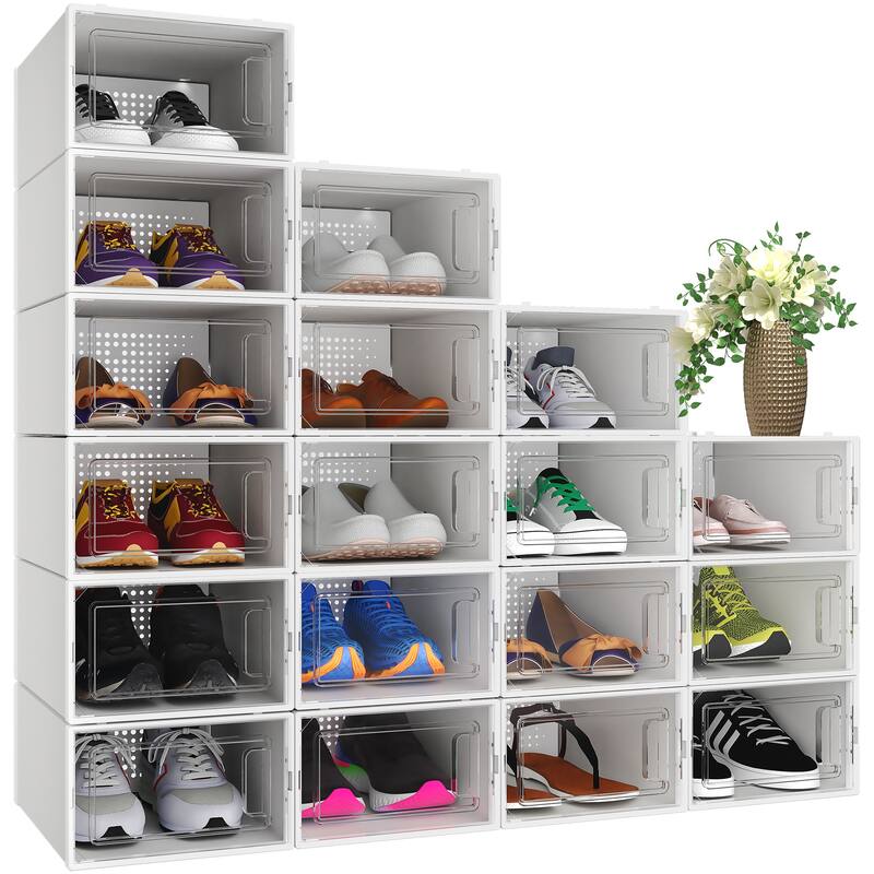 6/12/18 Pack Shoe Storage Box Plastic Stackable Shoe Organizer for Closet Foldable Sneaker Containers Bins Holders Racks