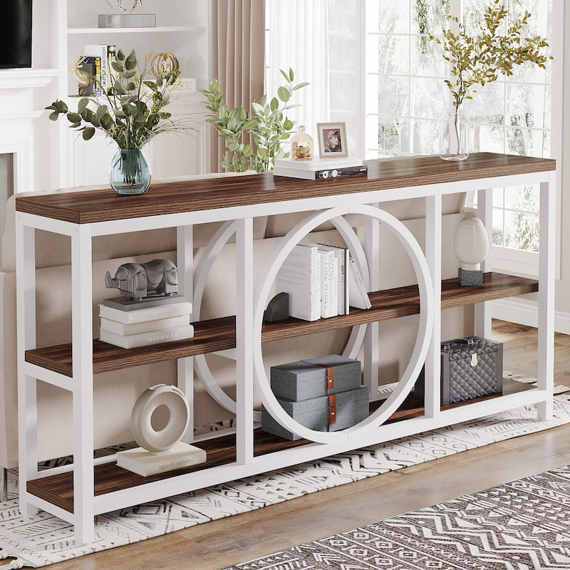 70.9-inche Sofa Console Table with Creative Metal Leg Design, 3 Tiers Narrow Long Accent Tables for Entryway - Brown+White