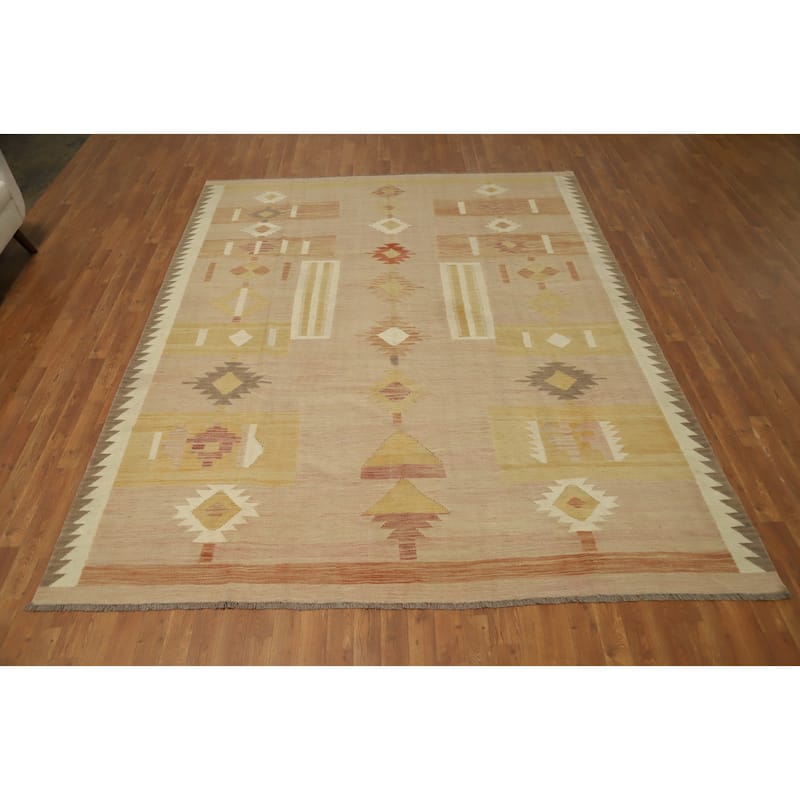 Hand Woven Oriental 100% Wool Carpet Southwestern Tribal Pink Kilim Area Rug - 9' 10'' X 7' 10''