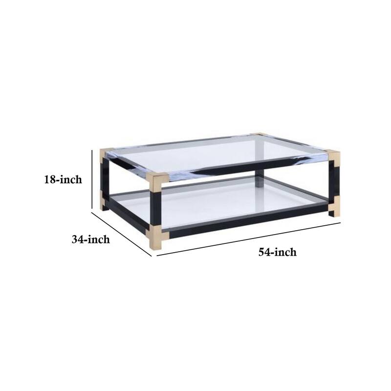 Rectangular Metal Coffee Table with Glass Top and Shelf, Black