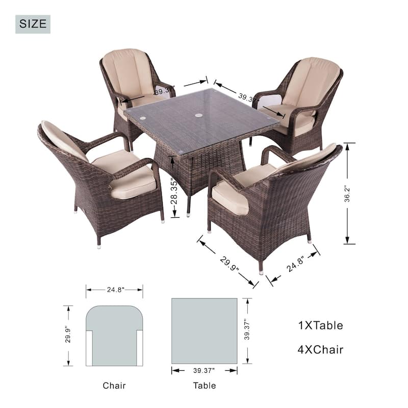 5-piece Patio Wicker Dining Set with Cushions Outdoor Furniture