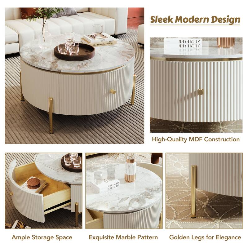 Roomfitters Modern Round Marble Coffee Table with Storage, Gold Metal Legs, 2 Hidden Compartments 31.5"