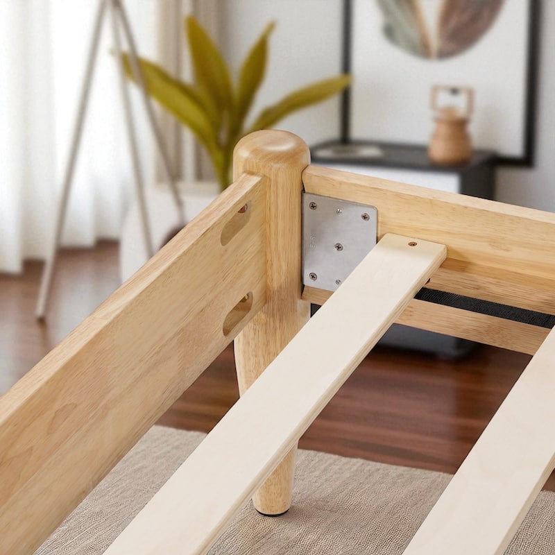 Queen/King Solid Wood Bed Frame with Fleece Upholstered Headboard and Tapered Legs, No Box Spring Needed