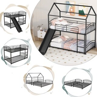 Artsy Friendly Design Twin over Twin Metal Kids House Bunk Bed with Built-in Slides and Climbing Ladders, Convertible, Black