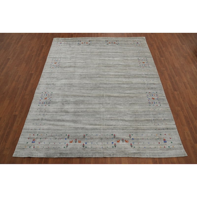 Hand Knotted Oriental 100% Wool Carpet Tribal Animal Pictorial Greys & Charcoal Gabbeh Area Rug - 9' 10'' X 7' 10''