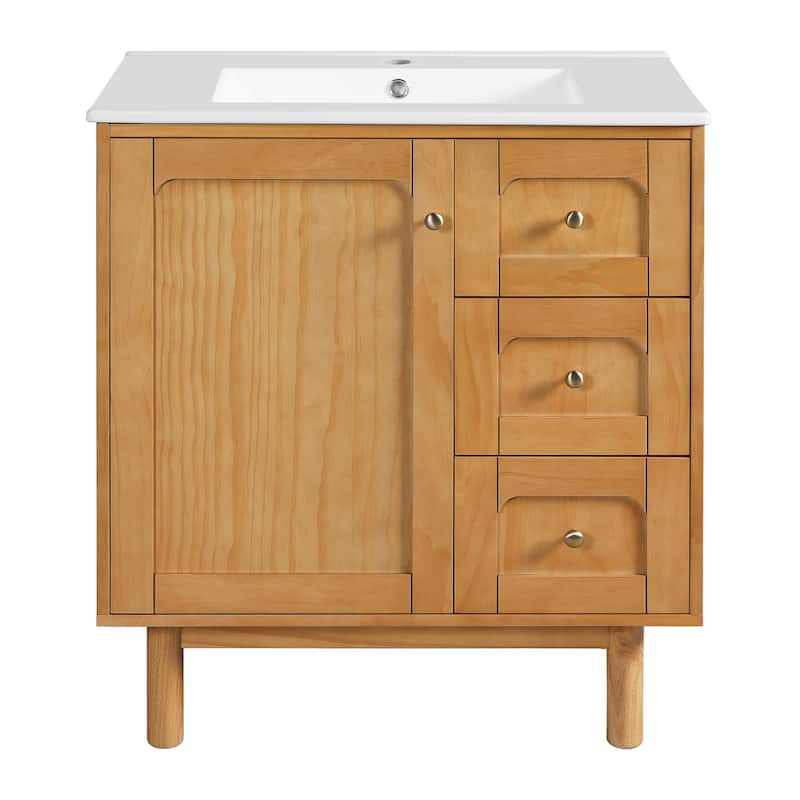 GDFStudio - Clayborne Farmhouse Bathroom Vanity with Ceramic Sink, 3 Storage Drawers & 1 Large Soft Closing Door - 30'W