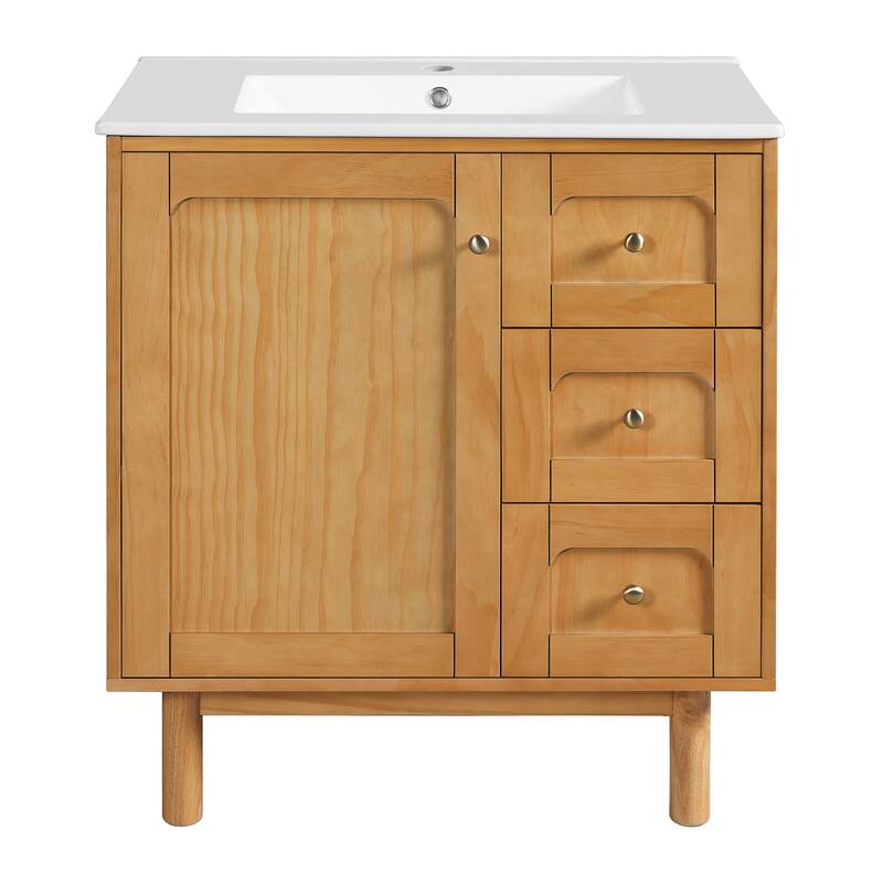 Roomfitters 30 Inch Bathroom Vanity with Ceramic Sink, Farmhouse Storage Cabinet with 3 Sliding Bins & Soft Close Door, Natural