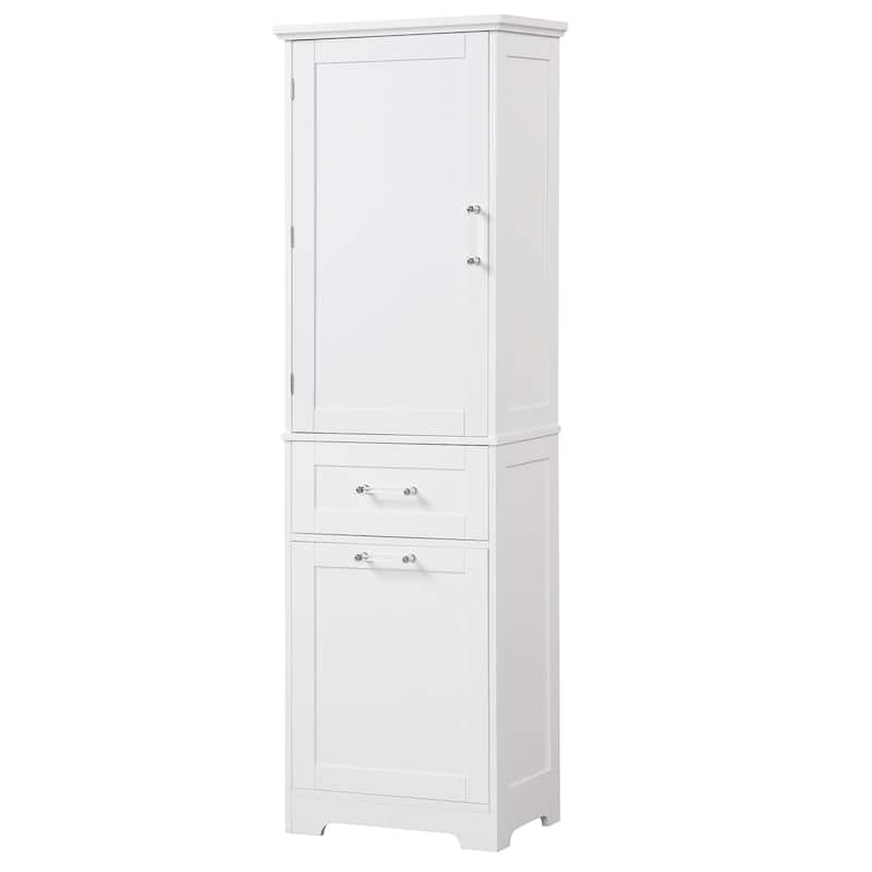 68" Tall Wood 1-door Bathroom Cabinet in White with Drawers and Adjustable Shelf