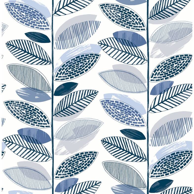 Brewster Nyssa Blue Leaves Wallpaper - 20.5in x 396in x 0.025in