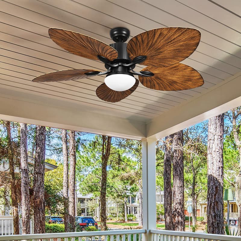 52" Moasis Palm Leaf Ceiling Fan LED Light Tropical Style with Remote - Brown Blades