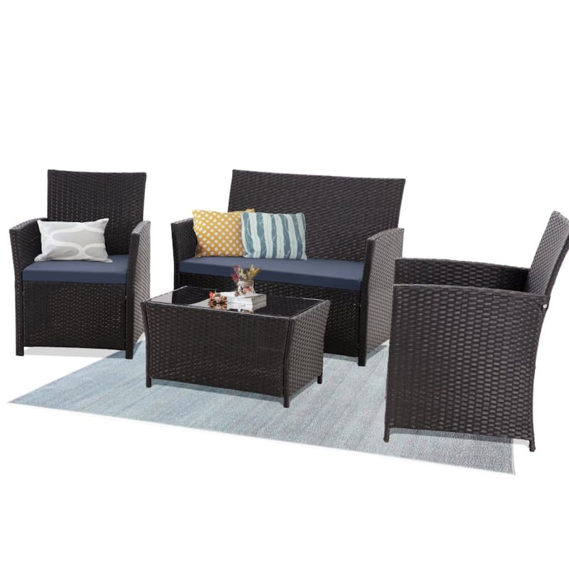 4-Piece Wicker Outdoor Sofa Set, 1 Loveseats, 2 Single Sofas, 1 Table