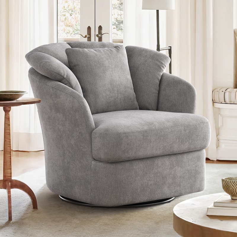 Upholstered Swivel Accent Chair Barrel Armchair Metal Frame with Pillows Living Room Chair - Single - Gray