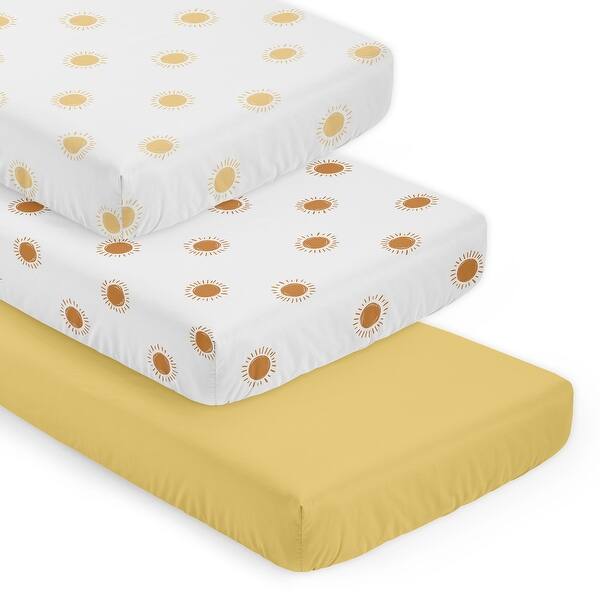 slide 2 of 6, Sweet Jojo Designs White/Yellow Boho Sun Boy, Girl, Unisex/Gender Neutral 3 Pack Fitted Crib Sheets - Solid Mustard & Bohemian