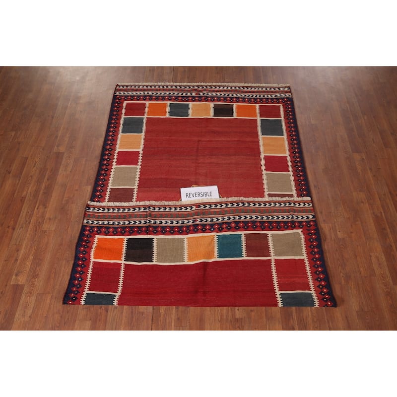 Vegetable Dye Kilim Qashqai Persian Vintage Flatweave Red Wool Carpet - 4'11"x 8'7"