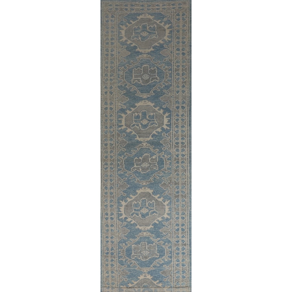Hand Knotted Oriental 100% Wool Carpet Transitional Geometric Navy Blue & Blues Oushak Runner Rug - 15' 11'' X 3' 4''
